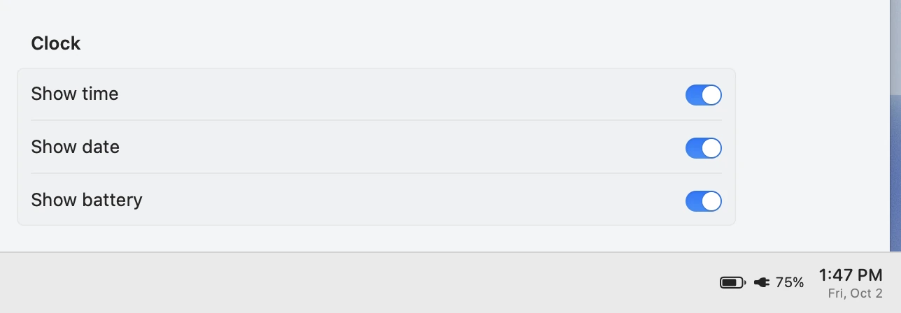 Clock switches above the real taskbar time, date, and battery reading