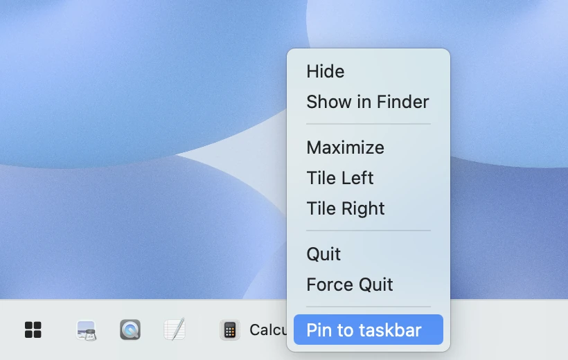 Right-click an app icon to pin it to the taskbar.